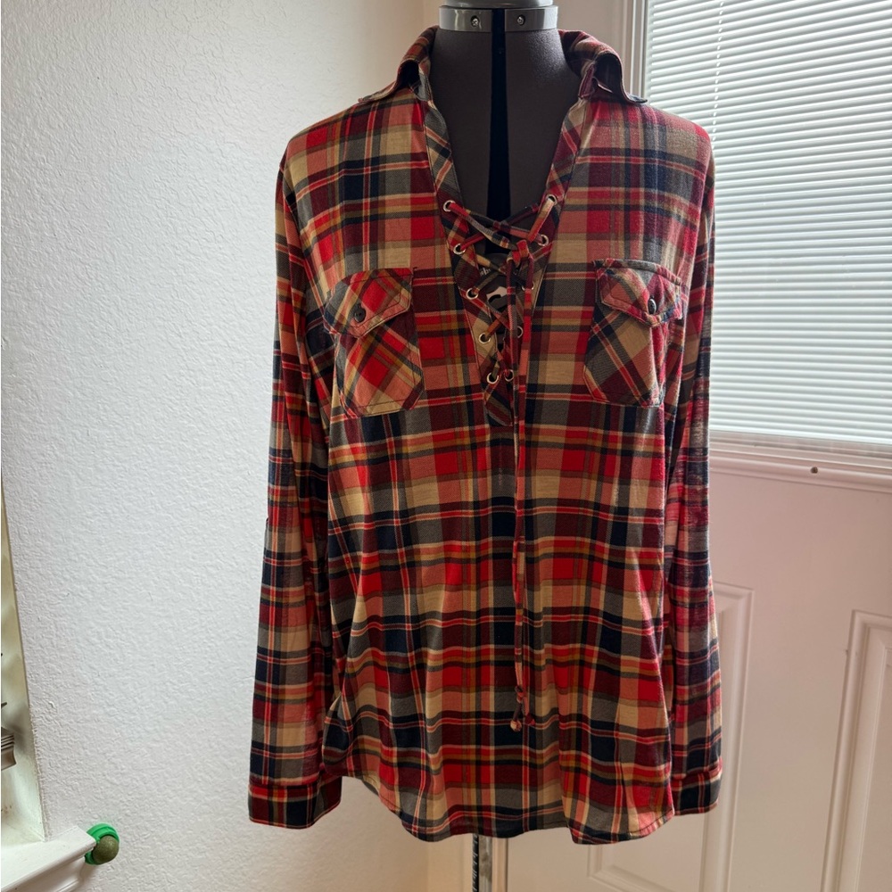 Plaid Long Sleeve Lace-Up Top